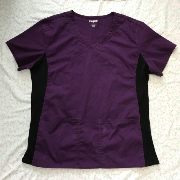 SCRUBSTAR Scrub Top Eggplant Purple Black M Short Sleeve V-Neck Front Pockets - Picture 11 of 15